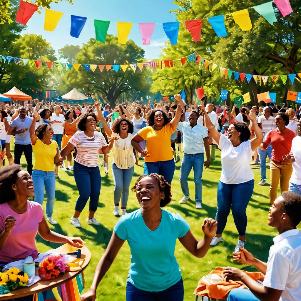A vibrant scene depicting a diverse group of people joyously celebrating together in a sunlit park, surrounded by colorful banners and flowers. They are engaged in various activities like singing, dancing, and sharing food, showcasing a sense of community and happiness. The atmosphere is filled with laughter and smiles, highlighting the essence of fellowship. super-realistic. vibrant colors. natural light.