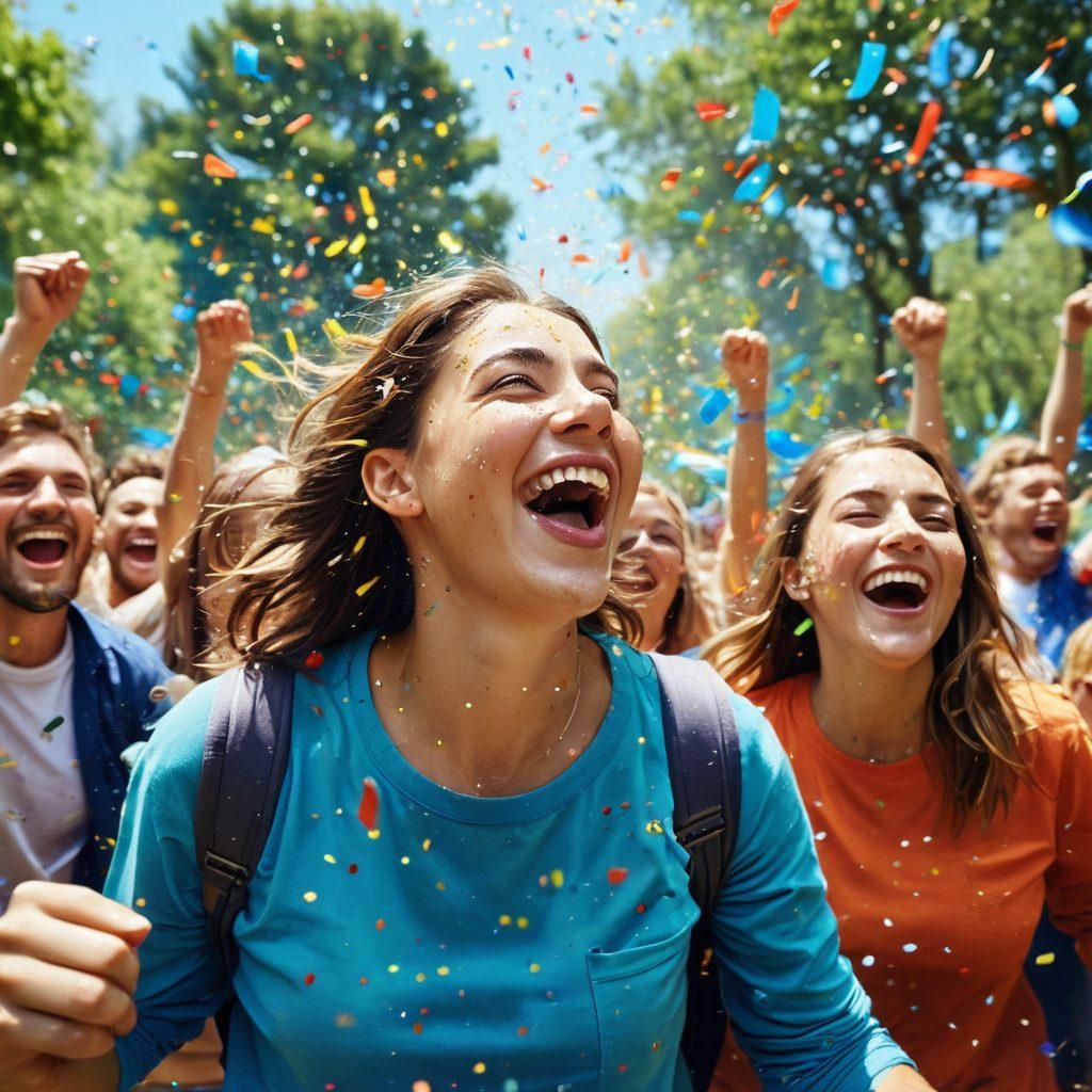A vibrant scene at a lively outdoor gathering, featuring a diverse group of enthusiastic supporters with bright banners and laughter displayed on their faces. Colorful confetti rains down as they share in joyous moments, surrounded by lush green trees and a clear blue sky. The atmosphere is filled with energy and excitement, capturing the essence of celebration. super-realistic. vibrant colors. dynamic composition.
