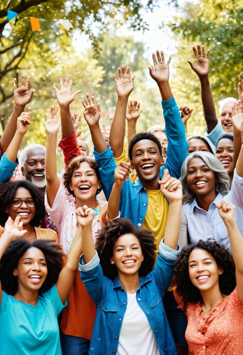A diverse group of people joyfully celebrating together, with hands raised in unity and smiles on their faces. Surrounding them are colorful confetti and banners that read 'Thank You!' to symbolize gratitude. The background features a warm, inviting atmosphere with soft sunlight filtering through trees, creating a sense of camaraderie. Portray a blend of different age groups and cultures to emphasize inclusiveness and togetherness. vibrant colors. super-realistic.